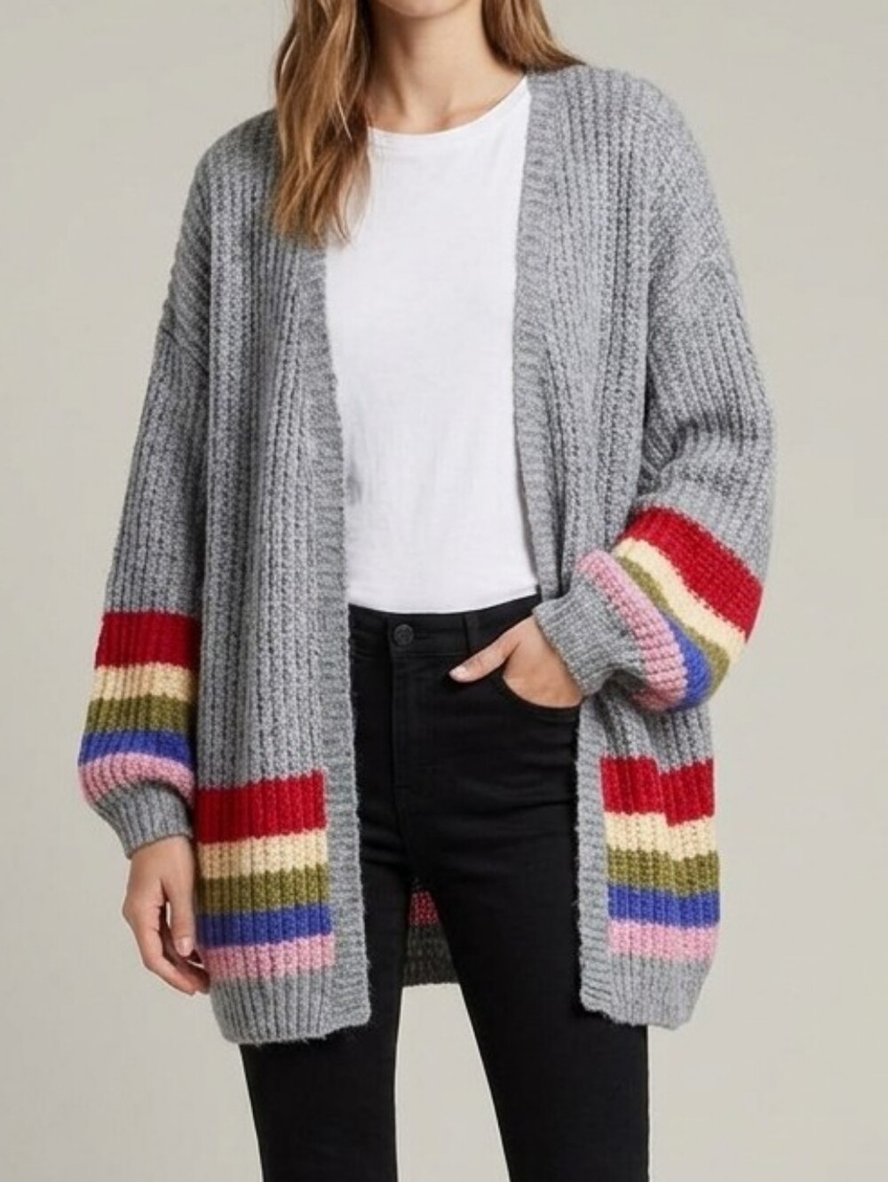 Chunky Knit Oversized Open Cardigan Balloon Sleeve Rainbow Stripe Sweater, L NWT - Picture 3 of 17